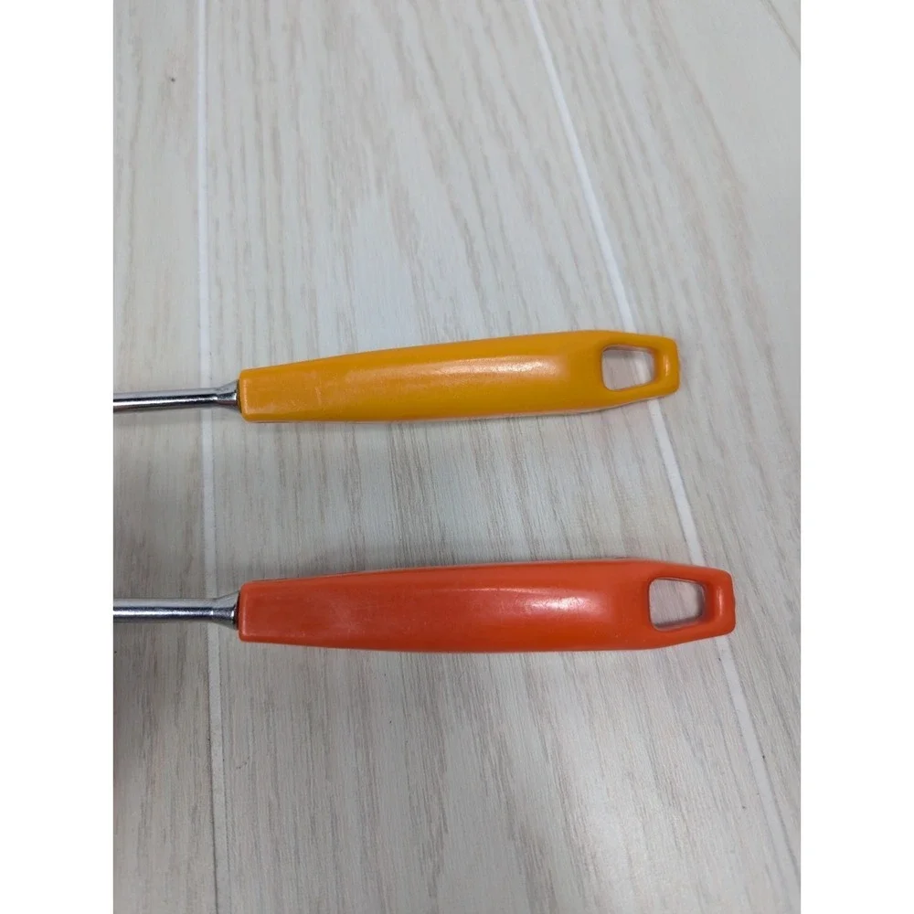 vintage Taiwan serving mixing spoons plastic metal orange yellow floral MCM